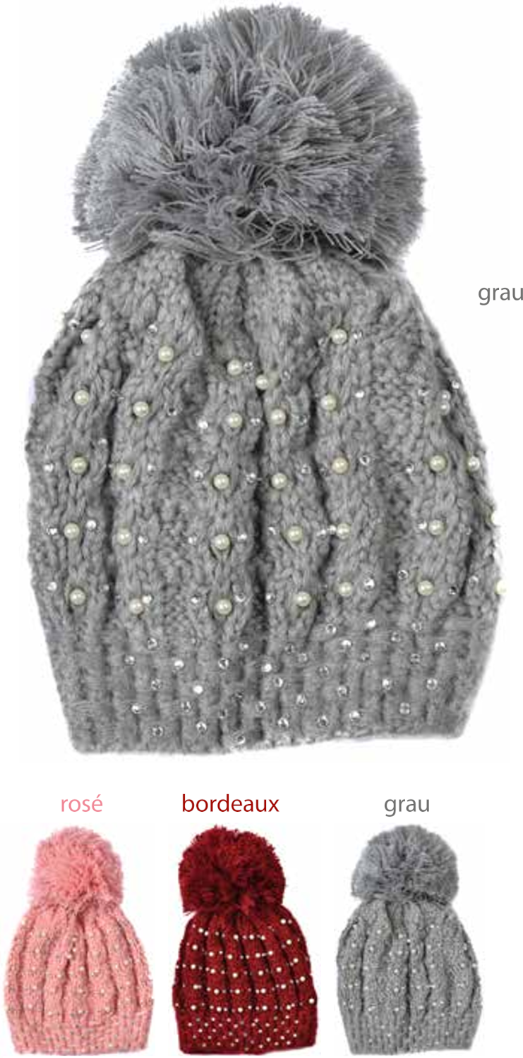 # 0044 Strick Bommelmütze mit Strass und Perlen