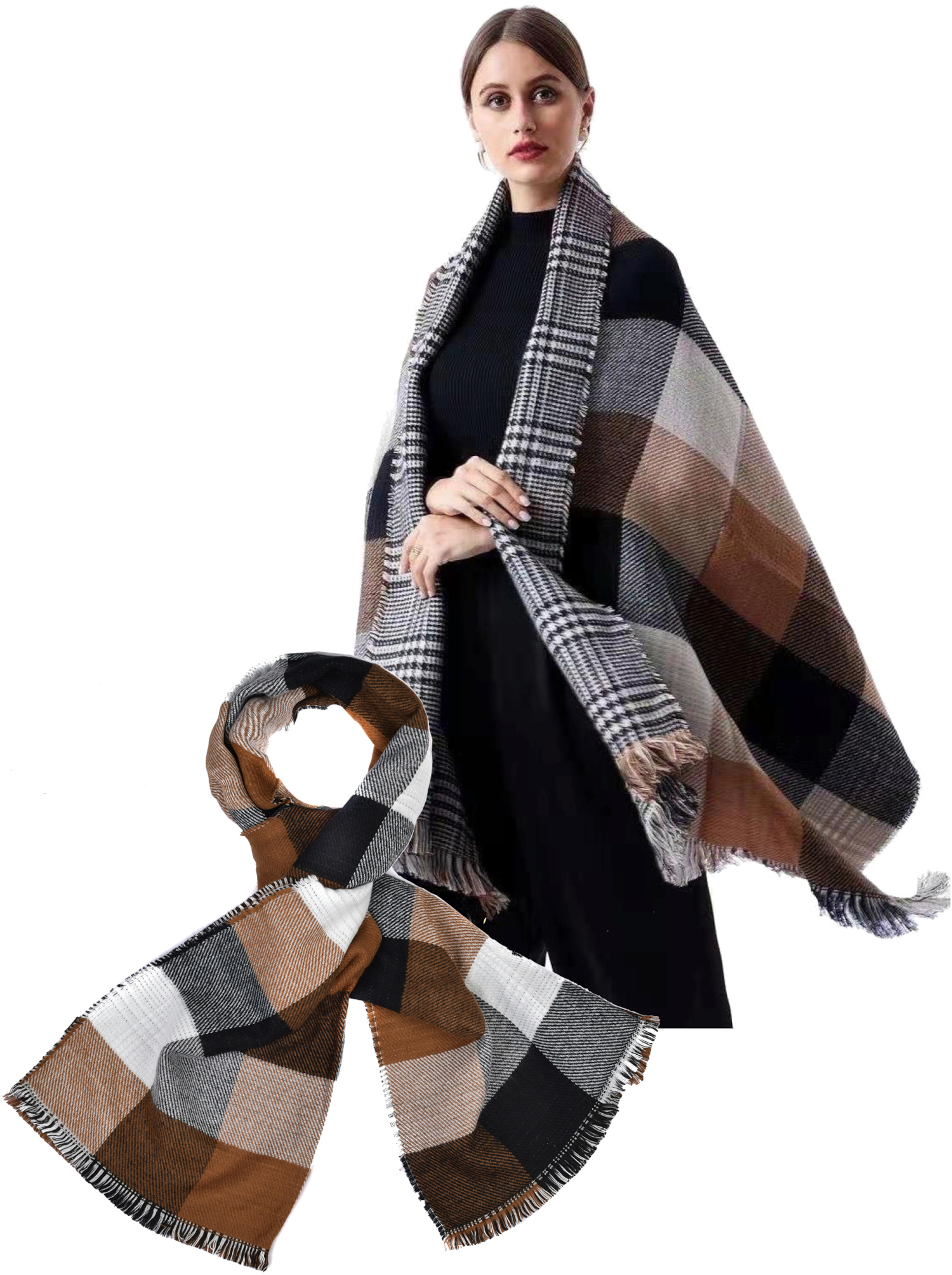 #982 großer, hochwertiger Schal Cashmere Feeling in braun schwarz